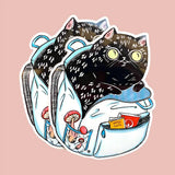 Glossy vinyl sticker of a black cat ready for adventure! This cat is sitting in a backpack with some mushrooms and reference books. 

+ size: 2.75”x3.25” 
+ permanent adhesive glossy vinyl sticker with solid peel backing
+ scratch and weather resistant material, PVC free
+ packaged and shipped flat

All work and photos ©PAPER PUFFIN Art by. K.CARLSON