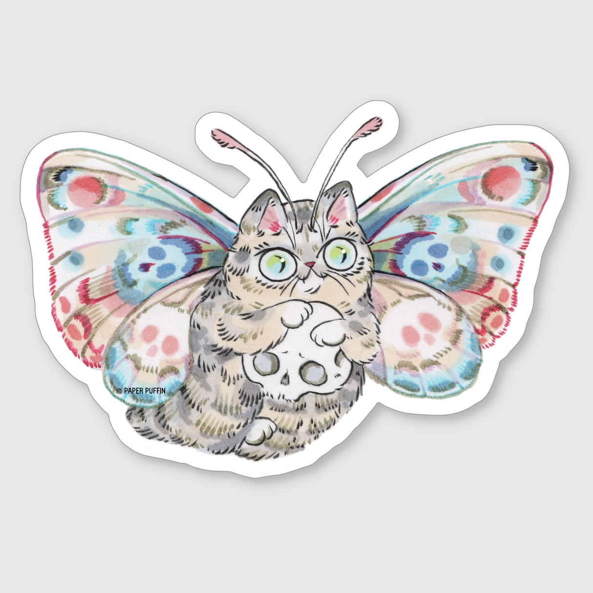 Moth Cat with Skull Sticker

A sweet moth cat with subtle skull wing patterns holding a skull. 

+ size: 2 x 3"
+ permanent adhesive glossy vinyl sticker with solid peel backing
+ scratch and weather resistant material, PVC free
+ packaged and shipped flat

All work and photos ©PAPER PUFFIN Art by. K.CARLSON