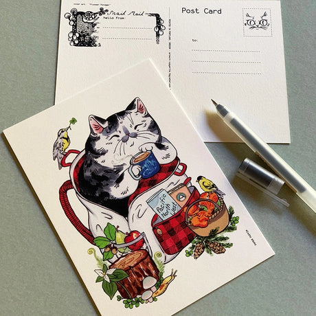 A happy camping cat, there are bits representing Oregon and Washington such as Meadowlark and Goldfinch birds, the iconic banana slug, trillium flowers and chanterelles, Douglas Fir... can you spot them all?

+ size: 4.25 x 6” standard size, regular postage stamp
+ printed on a ‘toothy’ rag off white color card stock paper
+ FSC 100% recycled environmentally friendly paper
+ created and printed in Portland, OR 


All work and photos ©PAPER PUFFIN Art by K.CARLSON