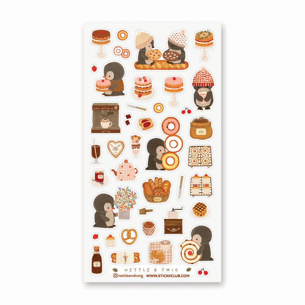 🍪🐧 At @nettleandtwig’s penguin cafe, a group of bundled-up penguins have gathered for the sweetest day out. They’re sharing warm baguettes, balancing towering bagels, and eyeing strawberry cakes. From flaky pastries and heart-shaped cookies to swirly rolls nearly bigger than they are, this charming sheet is pure bakery bliss. Grab a warm cocoa, pull up a tiny café chair, and let these penguin pals warm your heart.

Art by: @nettleandtwig

Top Coating: None
Adhesive Layer: PVC (plastic)
Backing Layer: Clea