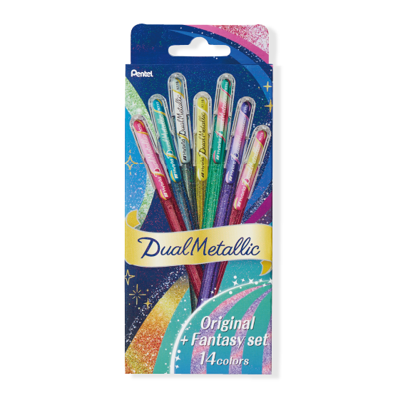 The Dual Metallic is a playful ballpoint pen with two sparkles in one line.
Because the ink and glitter colors are different, they produce colors that can be seen depending on the angle of light and the color of the background.
White paper has a delicate shimmer, and black paper has a deep, fantastic brilliance. With just one pen, you can create a variety of expressions that attract the viewer's heart.

It is finished in a set case made of paper material with a glittering hologram finish. Inside the case, t