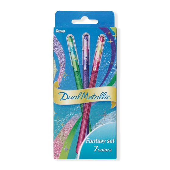 The Dual Metallic is a playful ballpoint pen with two sparkles in one line.
Because the ink and glitter colors are different, they produce colors that can be seen depending on the angle of light and the color of the background.
White paper has a delicate shimmer, and black paper has a deep, fantastic brilliance. With just one pen, you can create a variety of expressions that attract the viewer's heart.

It is finished in a set case made of paper material with a glittering hologram finish. Inside the case, t