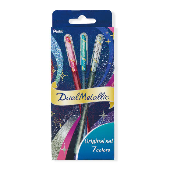 The Dual Metallic is a playful ballpoint pen with two sparkles in one line.
Because the ink and glitter colors are different, they produce colors that can be seen depending on the angle of light and the color of the background.
White paper has a delicate shimmer, and black paper has a deep, fantastic brilliance. With just one pen, you can create a variety of expressions that attract the viewer's heart.

It is finished in a set case made of paper material with a glittering hologram finish. Inside the case, t