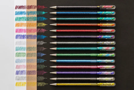 The Dual Metallic is a playful ballpoint pen with two sparkles in one line.
Because the ink and glitter colors are different, they produce colors that can be seen depending on the angle of light and the color of the background.
White paper has a delicate shimmer, and black paper has a deep, fantastic brilliance. With just one pen, you can create a variety of expressions that attract the viewer's heart.

It is finished in a set case made of paper material with a glittering hologram finish. Inside the case, t