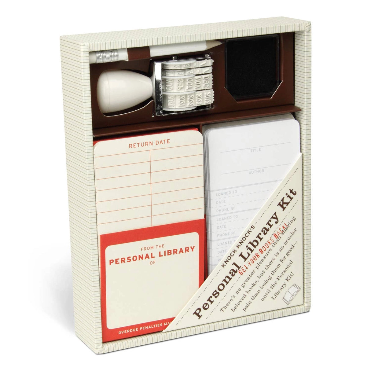 For a bibliophile, there's no greater pleasure than sharing beloved books, but no crueler pain than losing them for good--until the Personal Library Kit! Revive old-fashioned library circulation techniques for fun and book retention with our classic bestseller! The perfect gift for the generous reader.

6 x 7.5 x 1.25 inches
20 self-adhesive pockets and checkout cards
Date stamp and inkpad
Pencil