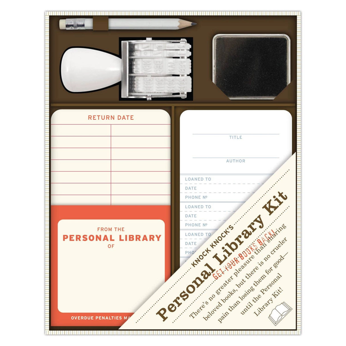 For a bibliophile, there's no greater pleasure than sharing beloved books, but no crueler pain than losing them for good--until the Personal Library Kit! Revive old-fashioned library circulation techniques for fun and book retention with our classic bestseller! The perfect gift for the generous reader.

6 x 7.5 x 1.25 inches
20 self-adhesive pockets and checkout cards
Date stamp and inkpad
Pencil