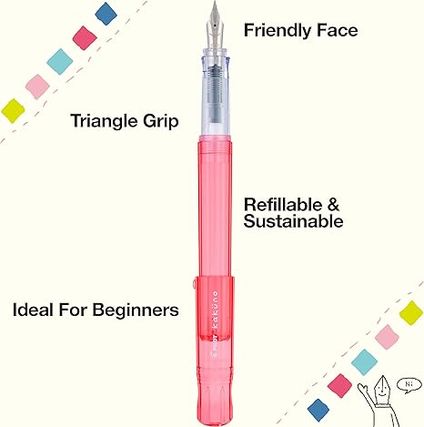 Kakuno is a delightful, new fountain pen that is ideal for both first time fountain pen users and experienced writers. Everyone can enjoy writing with a Kakuno fountain pen. "Kakuno" means "to write" in Japanese, and that's just what this pen helps users to do by featuring an appealing smiley face on the nib, when oriented upward, ensures perfect nib orientation. The NEW Kakuno Clear body features the Extra Fine, Fine and Medium Nib (with a tongue sticking out). Indentations in the cap make it easy to grasp