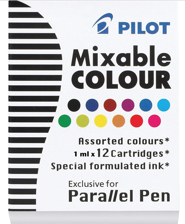 Pilot Parallel ink cartridges are specially designed for creative color blending. Their mixable formula lets you combine inks to produce smooth gradients and entirely new shades. Compared to standard Pilot fountain pen cartridges, this ink is richer in color and offers improved flow for a smoother writing experience. Made exclusively for the Pilot Parallel Pen, these dye-based inks deliver bold, vibrant strokes and are ideal for producing striking gradient effects with ease.

Each box includes 12 cartridges