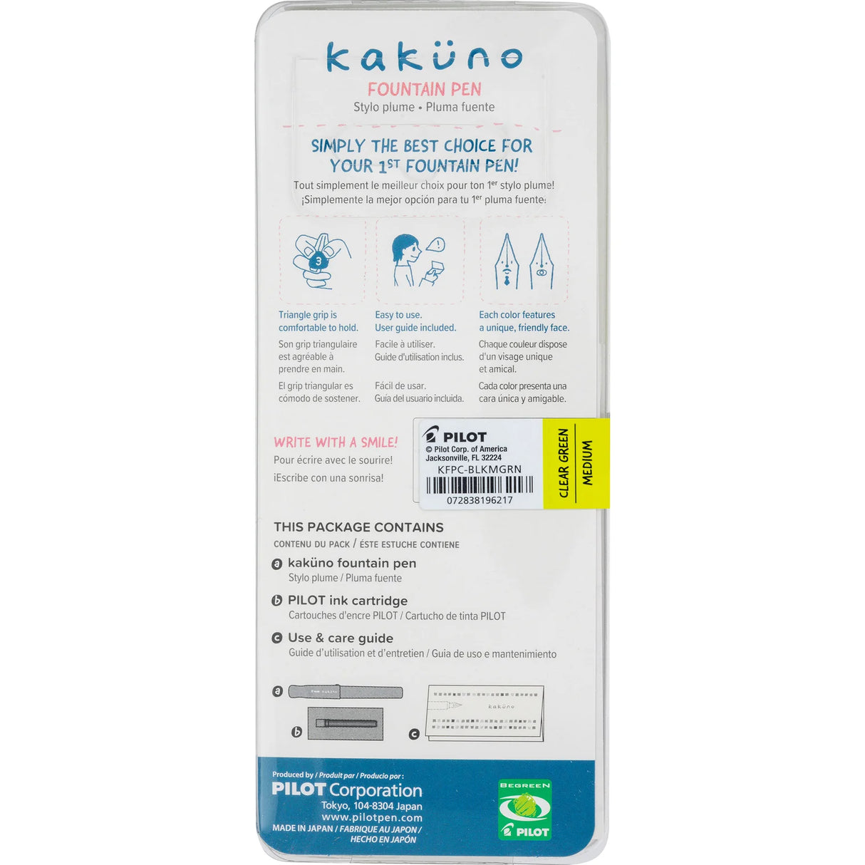 Kakuno is a delightful, new fountain pen that is ideal for both first time fountain pen users and experienced writers. Everyone can enjoy writing with a Kakuno fountain pen. "Kakuno" means "to write" in Japanese, and that's just what this pen helps users to do by featuring an appealing smiley face on the nib, when oriented upward, ensures perfect nib orientation. The NEW Kakuno Clear body features the Extra Fine, Fine and Medium Nib (with a tongue sticking out). Indentations in the cap make it easy to grasp