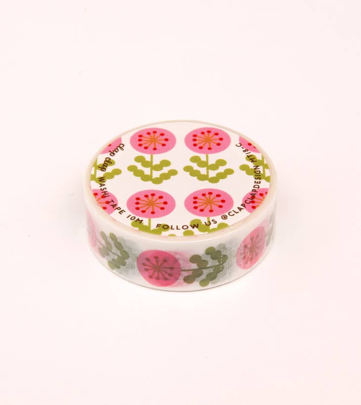 Cinta adhesiva washi con diseño floral rosa - Blanca