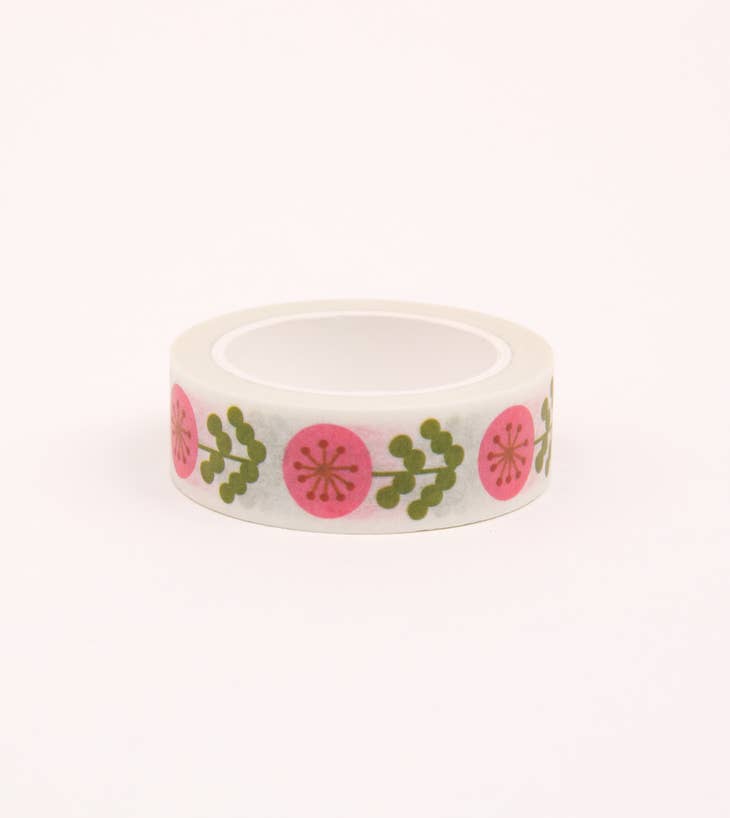 Cinta adhesiva washi con diseño floral rosa - Blanca