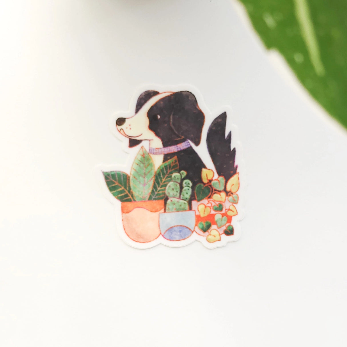 A loyal dog settles in among leafy houseplants, content to rest where sunlight filters softly through the greenery. This vinyl sticker captures that familiar, cozy moment, adding a quiet sense of companionship to your everyday essentials.

Made from durable, waterproof vinyl, this sticker is designed to hold up wherever you place it—whether that’s a water bottle, laptop, or journal you reach for daily.