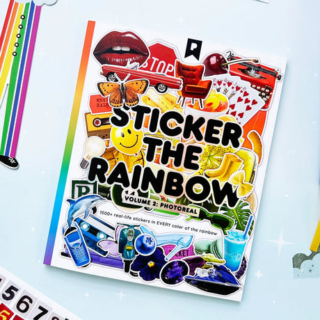 Your sticker stash is about to get very color-coordinated 🌈 Sticker the Rainbow Book Vol. 2: In Real Life is packed with 1500+ photorealistic stickers in every shade imaginable, from juicy lemons and shiny silver treasures to butterflies, vintage objects, florals, gems, and colorful everyday finds. With 30 pages of ultra-realistic stickers (plus 4 pages of alphabet + number stickers!), this book is basically a rainbow treasure hunt for your journal, planner, snail mail, laptop, or craft cart.