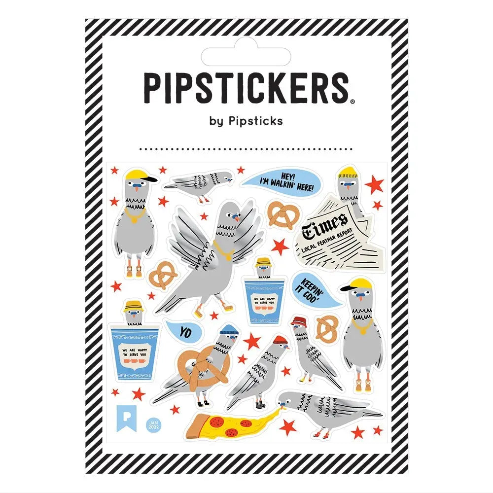 PipStickers are the PERFECT gift for the sticker lover in your life - even if it's you! These unique PVC designs with holographic gold foil accents come on a clear backing and cannot be found anywhere else.

Includes one 4'' x 4'' sheet of City Pigeons PipStickers and includes the Pipsticks manifesto