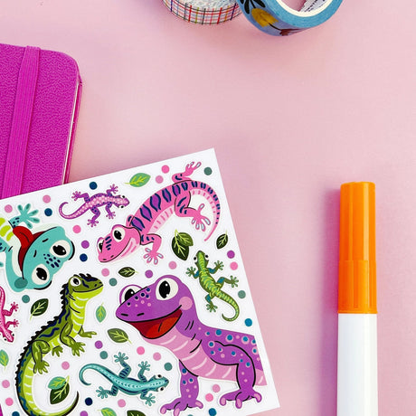 Cute, colorful, and a little bit quirky, this gecko-filled sticker sheet is packed with playful reptiles in bright patterns and fun poses. From spotted and striped designs to swirly tails and big expressive eyes, each little lizard is full of personality and charm. The mix of colors and shapes gives the whole sheet a lively, animated feel that really pops.