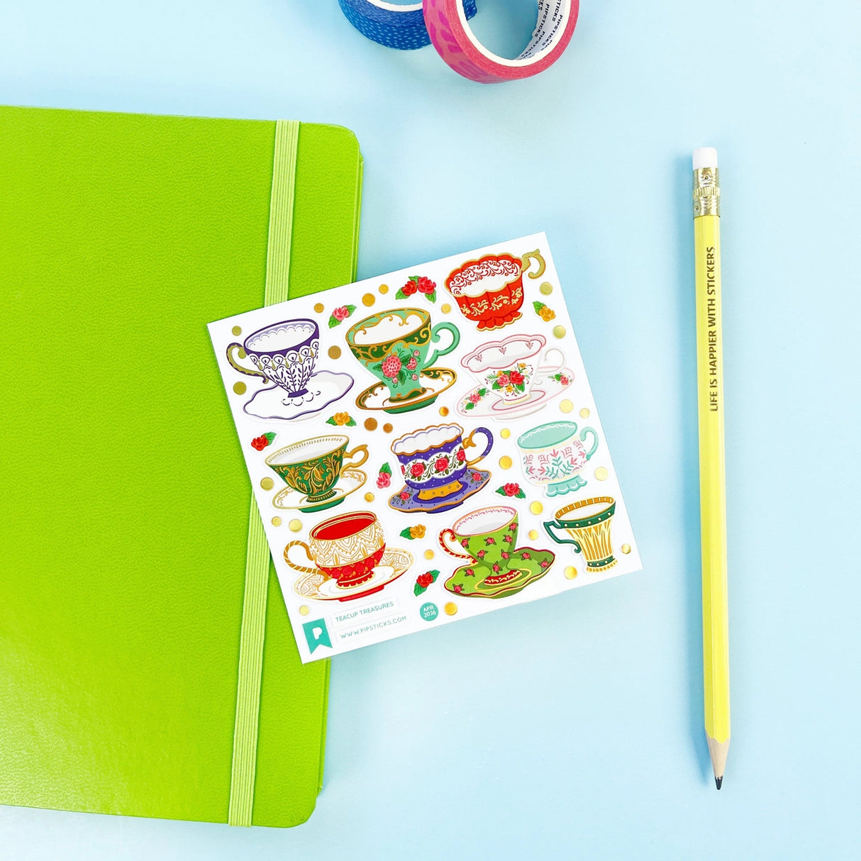 Pour yourself a little moment of cozy—these charming teacup stickers are serving up vintage vibes with a colorful Pipsticks twist. Each design features beautifully detailed cups, saucers, and tiny treats, with playful patterns, delicate florals, and pops of gold that make every sticker feel like a mini work of art. Perfect for adding a touch of tea party magic to planners, journals, letters, or anywhere that could use a little extra sweetness.