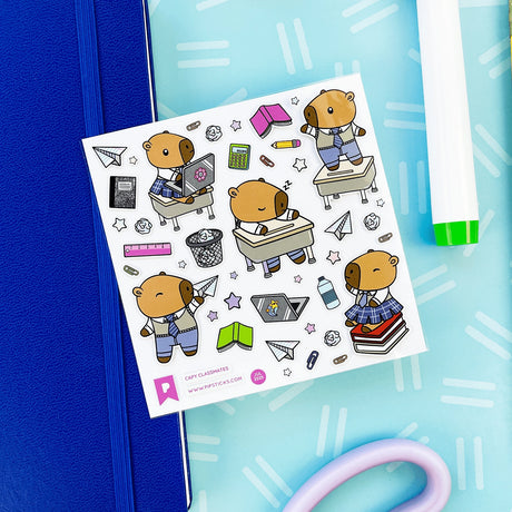 PipStickers are the PERFECT gift for the sticker lover in your life - even if it's you! These unique PVC designs with holographic silver foil accents come on a clear backing and cannot be found anywhere else.

Includes one 4" x 4" sheet of Capy Classmates PipStickers and includes the Pipsticks manifesto.