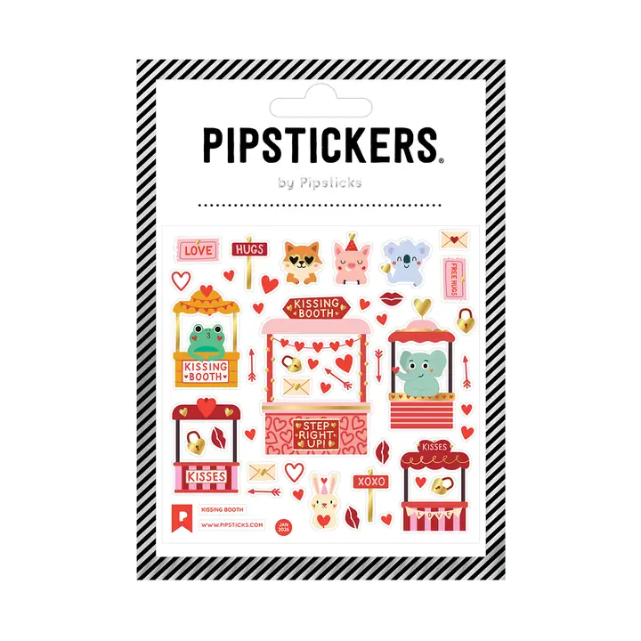 PipStickers are the PERFECT gift for the sticker lover in your life - even if it's you! These unique PVC designs with silver foil accents come on a clear backing and cannot be found anywhere else.

Includes one 4" x 4" sheet of Kissing Booth PipStickers and includes the Pipsticks manifesto.