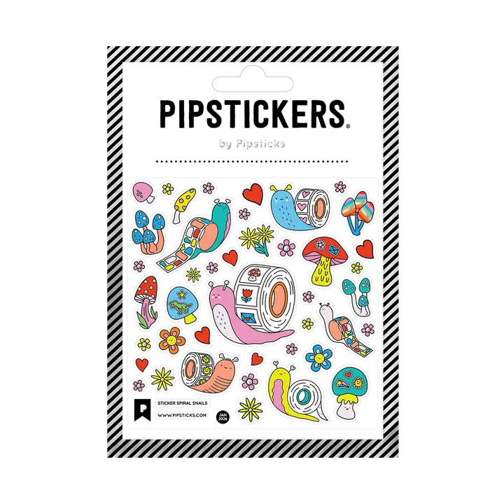 PipStickers are the PERFECT gift for the sticker lover in your life - even if it's you! These unique PVC designs with silver foil accents come on a clear backing and cannot be found anywhere else.

Includes one 4" x 4" sheet of Sticker Spiral Snails PipStickers and includes the Pipsticks manifesto.