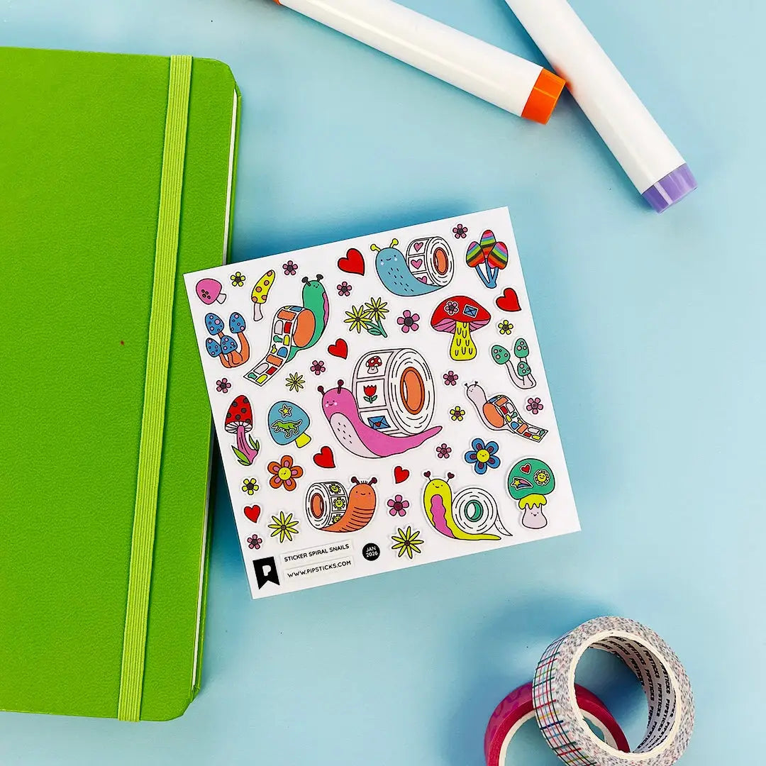 PipStickers are the PERFECT gift for the sticker lover in your life - even if it's you! These unique PVC designs with silver foil accents come on a clear backing and cannot be found anywhere else.

Includes one 4" x 4" sheet of Sticker Spiral Snails PipStickers and includes the Pipsticks manifesto.