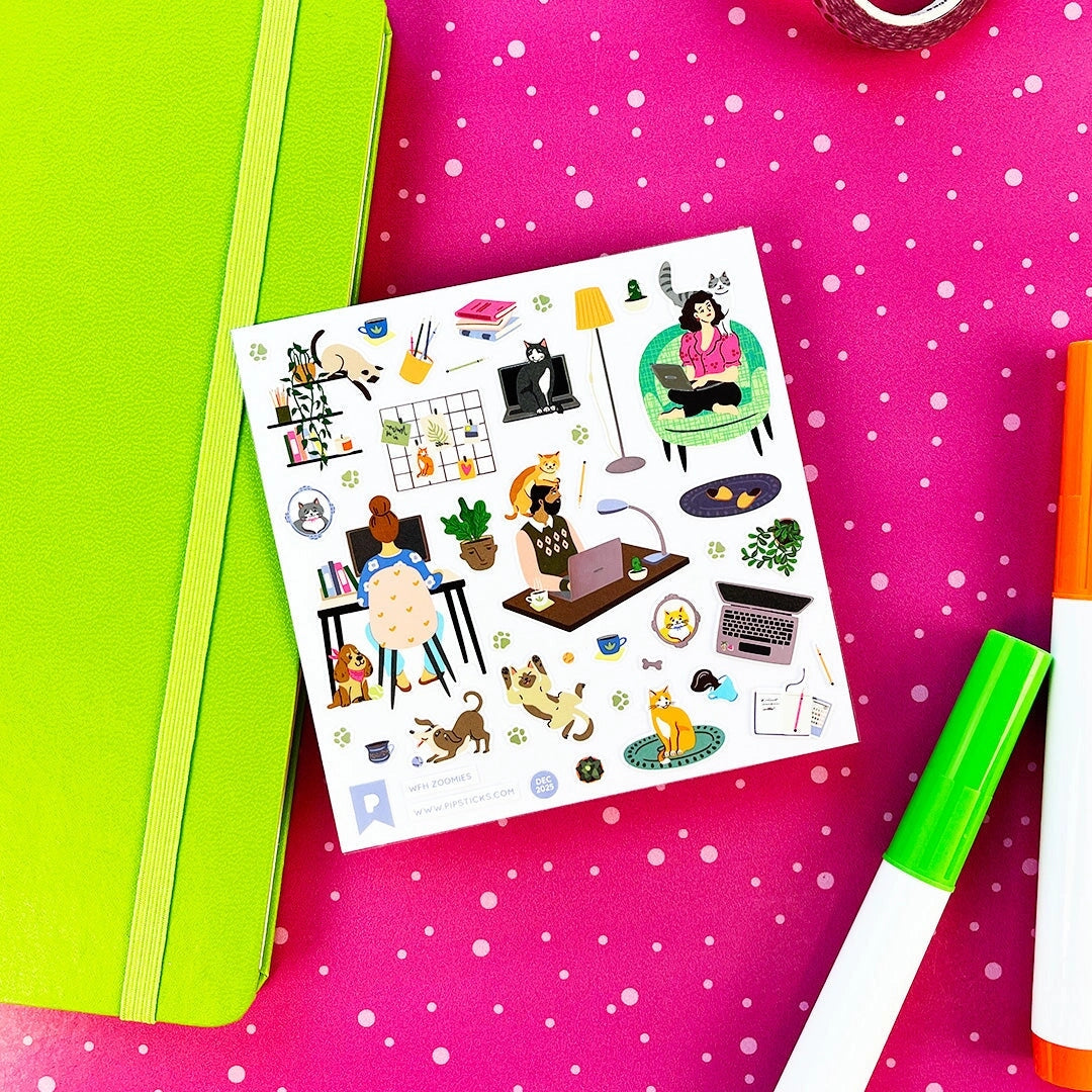 PipStickers are the PERFECT gift for the sticker lover in your life - even if it's you! These unique PVC designs with silver foil accents come on a clear backing and cannot be found anywhere else.

Includes one 4" x 4" sheet of WFH Zoomies PipStickers and includes the Pipsticks manifesto.