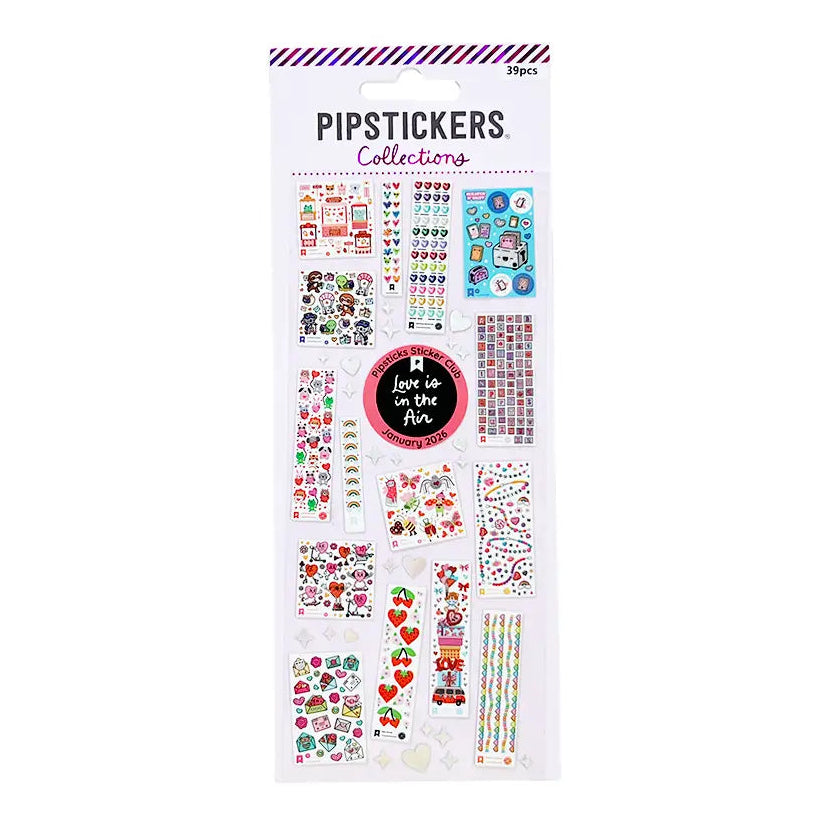 LIMITED EDITION COLLECTIBLE!

PipStickers are the PERFECT gift for the sticker lover in your life - even if it's you! These unique PVC designs with holographic silver foil accents come on a clear backing and cannot be found anywhere else.

Includes one 3" x 7" sheet of Kids Collections Vol 1: Love is in the Air PipStickers and includes the Pipsticks manifesto.