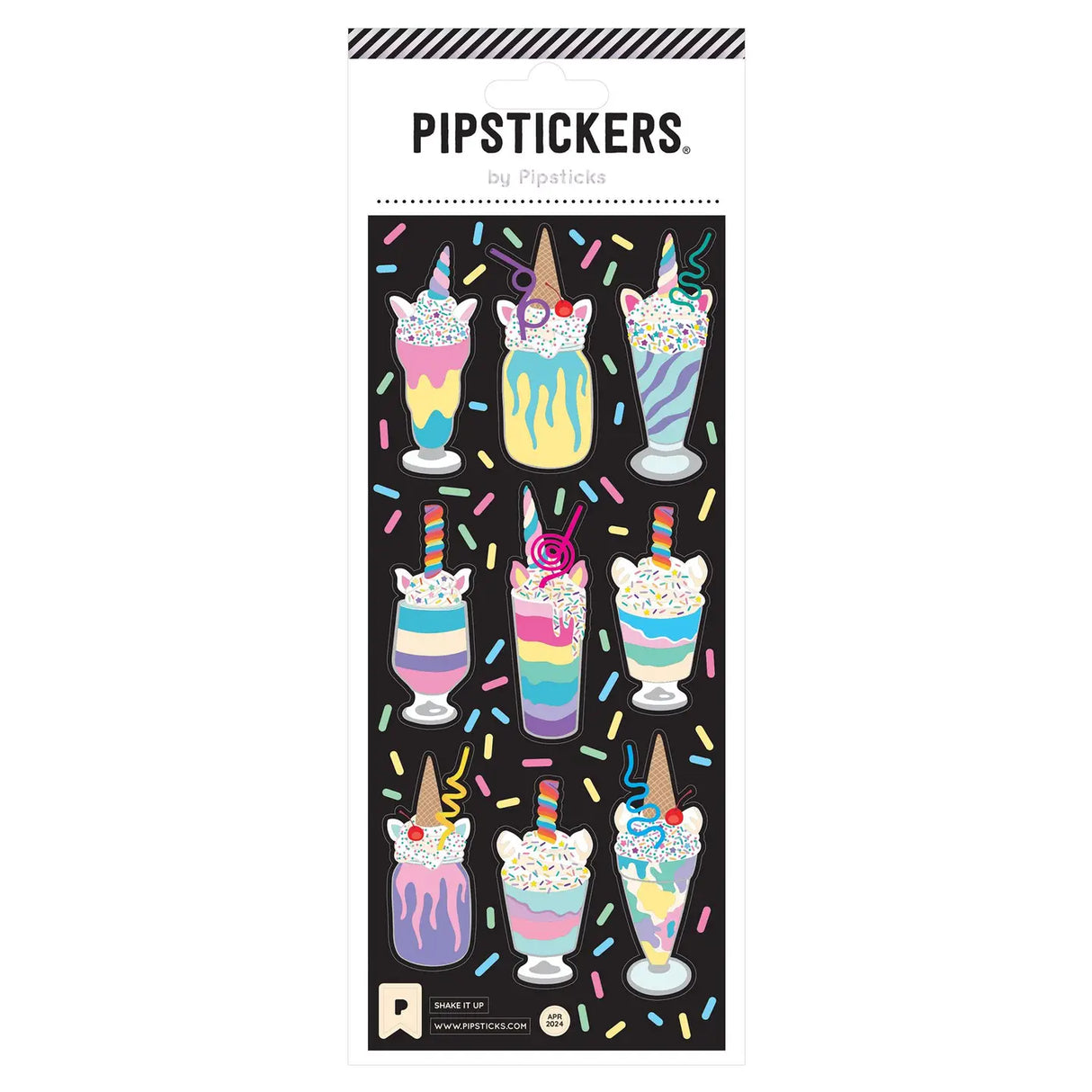 PipStickers are the PERFECT gift for the sticker lover in your life - even if it's you! These unique PVC designs with silver foil accents come on a clear backing and cannot be found anywhere else.

Includes one 3'' x 7'' sheet of Shake It Up PipStickers and includes the Pipsticks manifesto.