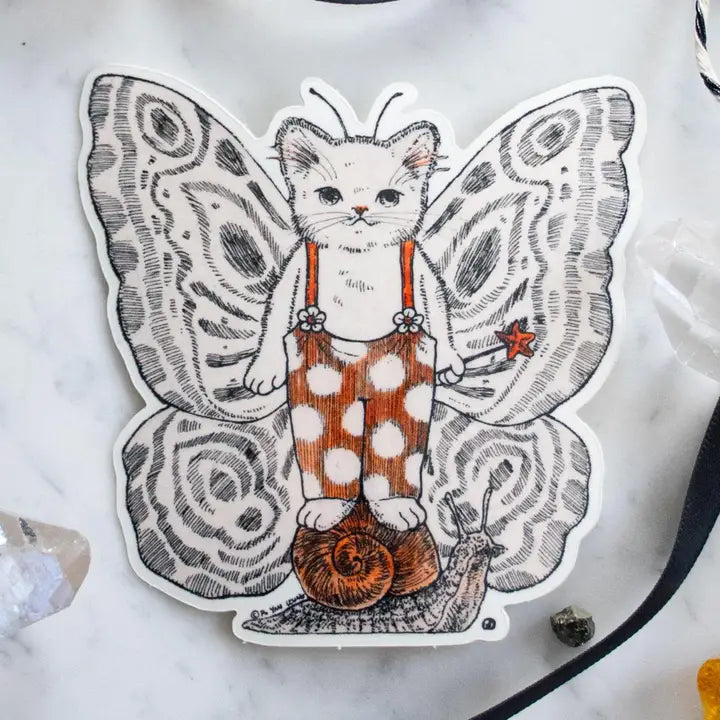 A whimsical fairy has come to grace our presence with its enchanting attire and slug partner! Illustrated in a whimsical pen-and-ink style with a soft vintage touch, “Fairy” brings a magical charm and a smile wherever it goes. Printed on durable white vinyl, this sticker is waterproof, UV-proof, and long-lasting — perfect for decorating water bottles, laptops, journals, or anywhere a touch of magic is needed.