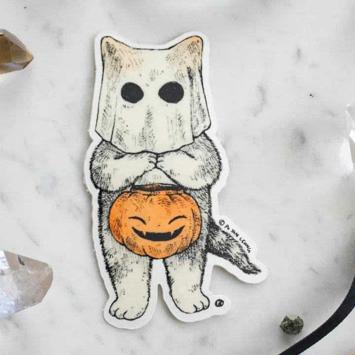 A cat dressed as a ghost for the spooky season, getting ready to go trick or treating! This whimsical illustration blends holiday spirit and magic, making it a perfect sticker for anyone who loves enchanting details. Printed on durable white vinyl, this sticker is waterproof, UV-proof, and made to last — ready to decorate laptops, journals, bottles, and more.