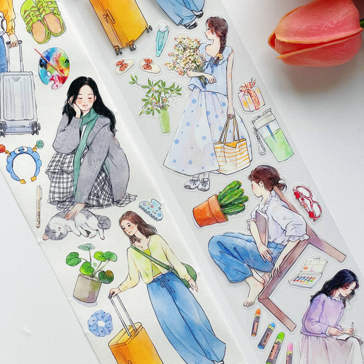 Weekend energy, beautifully illustrated.
The Pre-cut Hello Weekend Wide Washi/PET Tape features a gentle, lifestyle-inspired character embracing all the calm, restorative activities we love — from peaceful reading breaks to scenic bike rides, mindful journaling sessions, slow travel moments, and music-filled afternoons.
