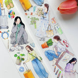Weekend energy, beautifully illustrated.
The Pre-cut Hello Weekend Wide Washi/PET Tape features a gentle, lifestyle-inspired character embracing all the calm, restorative activities we love — from peaceful reading breaks to scenic bike rides, mindful journaling sessions, slow travel moments, and music-filled afternoons.