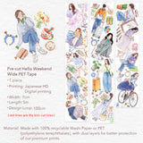 Weekend energy, beautifully illustrated.
The Pre-cut Hello Weekend Wide Washi/PET Tape features a gentle, lifestyle-inspired character embracing all the calm, restorative activities we love — from peaceful reading breaks to scenic bike rides, mindful journaling sessions, slow travel moments, and music-filled afternoons.