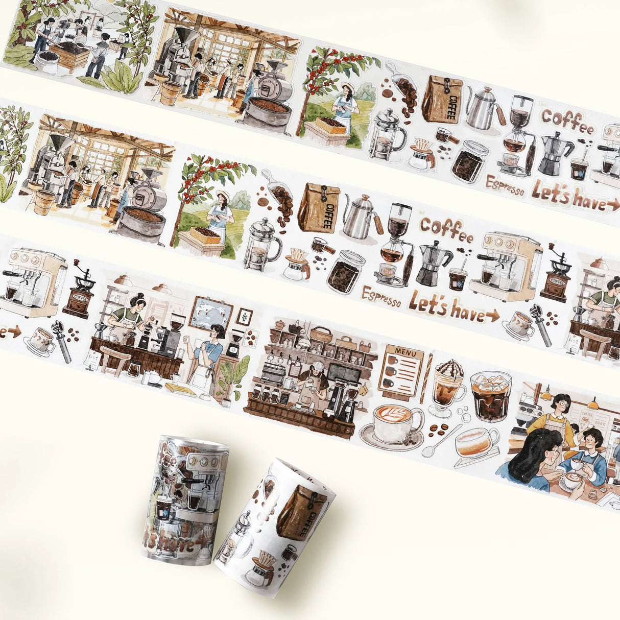 Meet our Life of Coffee PET Tape, a caffeine lover’s dream wrapped in a roll! This tape takes you on a delightful journey of the humble coffee bean, capturing its transformation from plant, to bustling coffee shop, and finally enjoyed by devoted coffee enthusiasts. Each section is illustrated with charming details and vibrant scenes that brew up a sense of warmth and nostalgia.&nbsp;

Artist: Antonia_Roxy

Brand: WT (&nbsp;The Washi Tape Shop)
Pre-cut PET Tape
Size: 70mm×5m
Design Loop: 100cm
Material: PET 