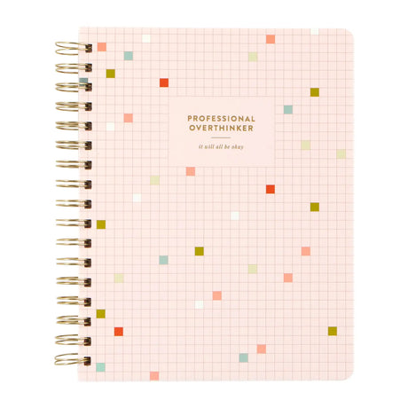 Stay organized and inspired with the Professional Overthinker Spiral Notebook! Featuring lined pages for all your thoughts, lists, and brainstorms, this 7” x 9” wire-bound notebook is perfect for journaling, note-taking, or planning your next big idea. The playful cover design makes it a great desk companion or a fun gift for students, writers, teachers, or anyone who loves to jot things down. Whether you’re tackling to-do lists or letting your creativity flow, this stylish and functional notebook is here t