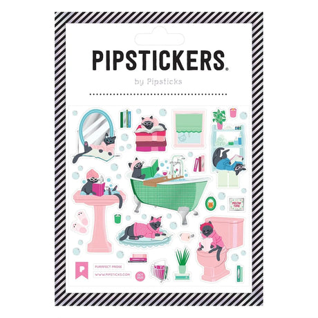PipStickers are the PERFECT gift for the sticker lover in your life - even if it's you! These unique PVC designs with silver foil accents come on a clear backing and cannot be found anywhere else.

Includes one 4" x 4" sheet of Purrfect Prose PipStickers and includes the Pipsticks manifesto.