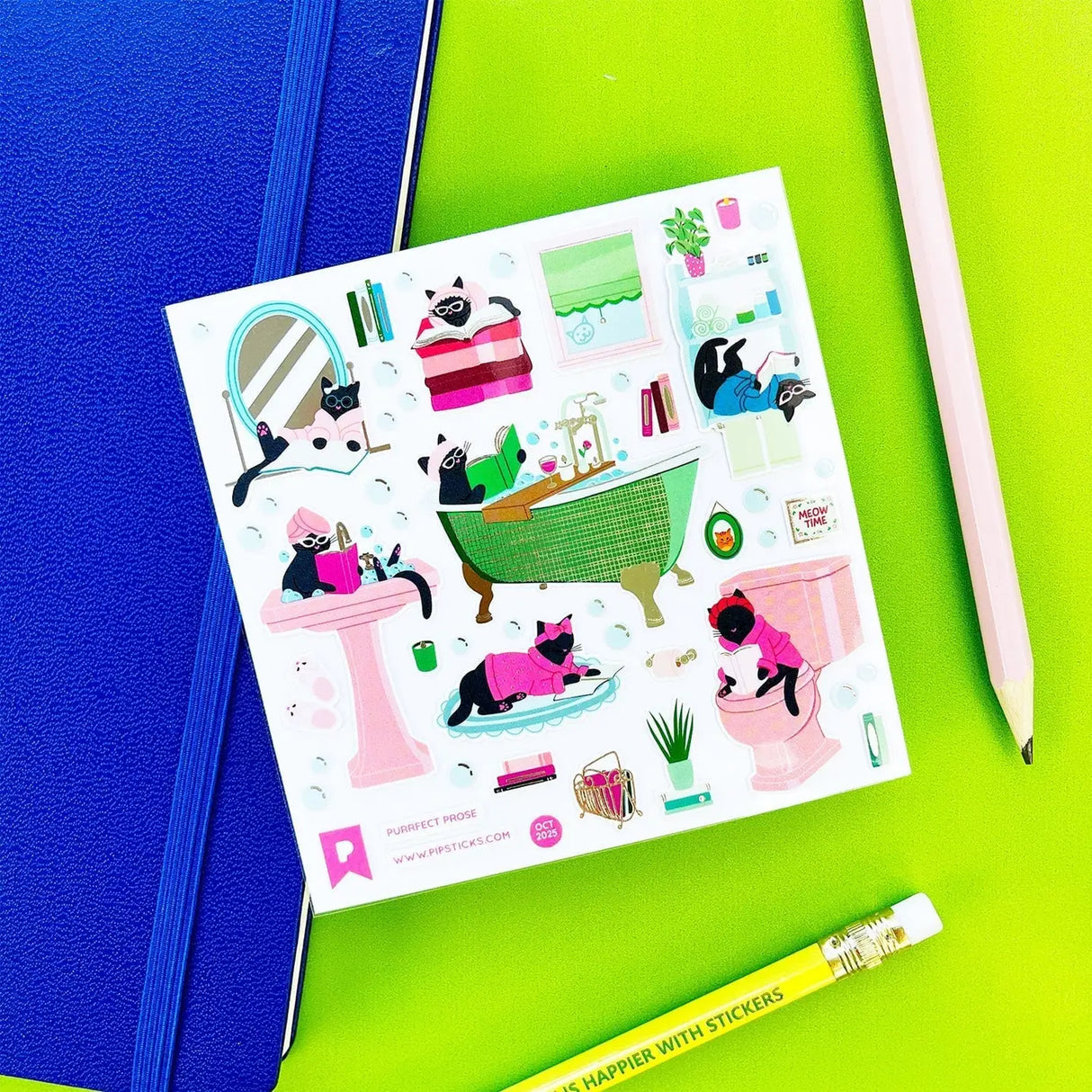 PipStickers are the PERFECT gift for the sticker lover in your life - even if it's you! These unique PVC designs with silver foil accents come on a clear backing and cannot be found anywhere else.

Includes one 4" x 4" sheet of Purrfect Prose PipStickers and includes the Pipsticks manifesto.