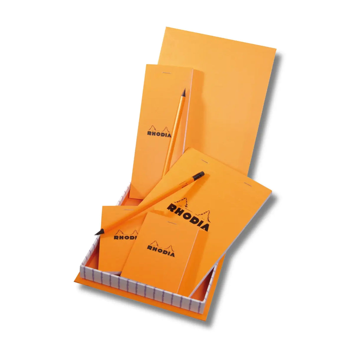 The Rhodia Treasure Box craftly mimics our iconic orange pad and includes the following:

Four Classic Orange pads with graph grid paper
1 BLOC N°8 Notepad (2.9 x 8.3")
2 BLOC N°11 Notepads (2.9 x 4.1")
1 BLOC N°16 Notepad (5.8 x 8.3")&nbsp;
Two orange Rhodia pencils

This is the perfect gift or set to keep for yourself!