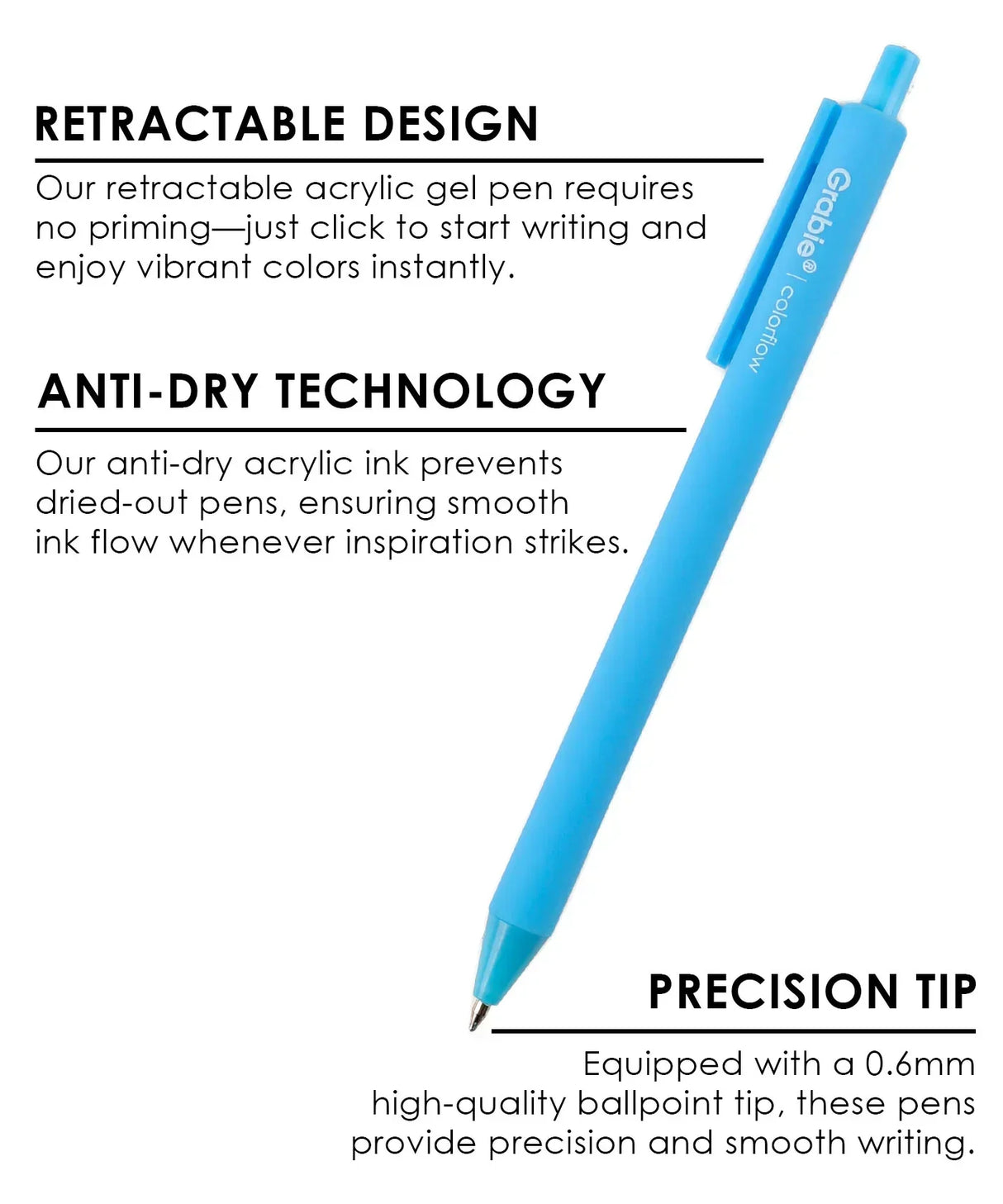 Discover our Retractable Colorflow Acrylic Gel Pen Set with 12 vibrant colors and anti-dry acrylic ink for smooth writing on any paper. Perfect for journaling, doodling, and coloring, these pens provide precision for all your creative projects.