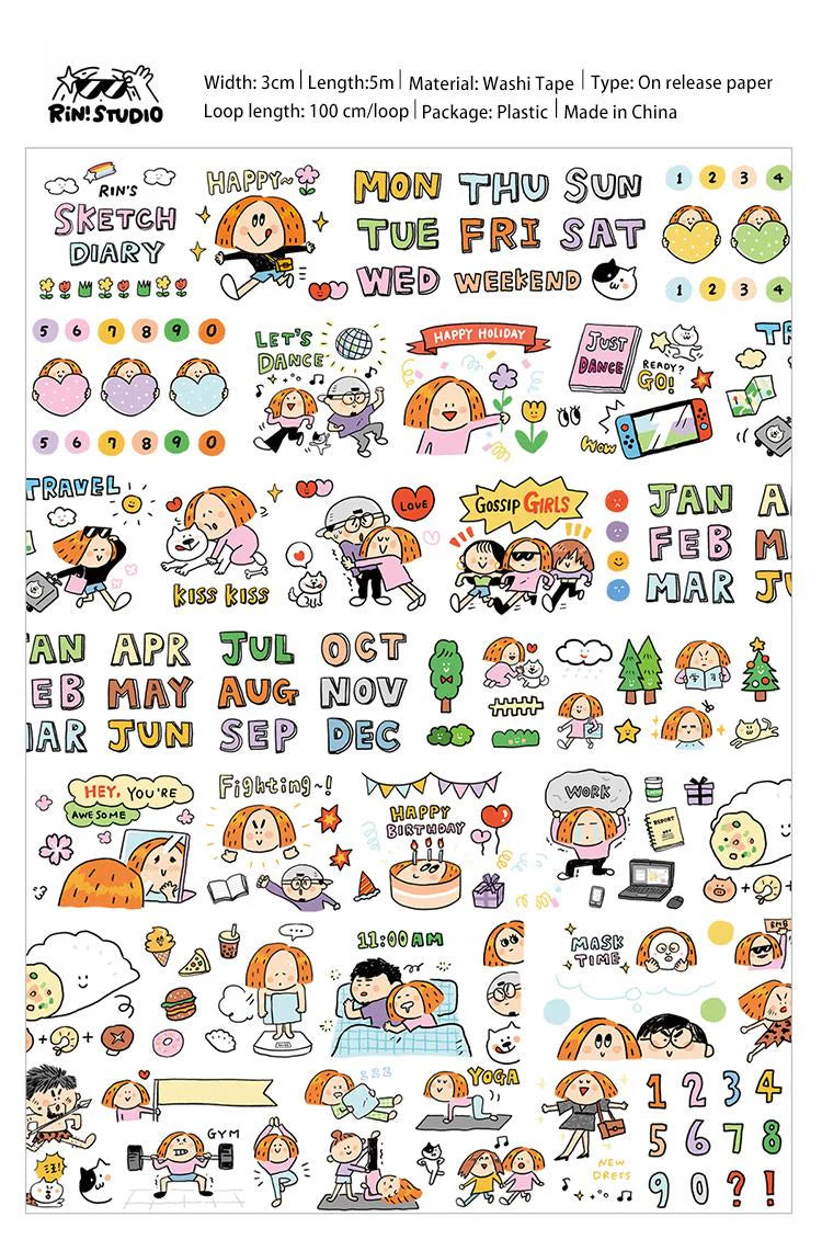 Volume 1:
Today we bring you the <sketch diary=""> category, which has captured the beautiful life Rin is experiencing everyday :)
The inspiration comes from the hand-drawn calendars of each month. The size is 3 cm wide, and with many interesting small paintings for practical daily use. It is a washi tape carefully designed for the calendar grid. It is versatile and super cute,and can be used no matter how you stick it. CUTENESS OVERLOAD!

Full roll: 30mm wide x 5m long (5 loops)
Materials: Washi tape on re