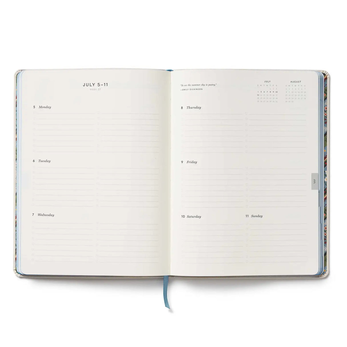 A daily essential with keepsake quality. With a cover inspired by classic cross stitch samplers, this fabric-wrapped planner features gold foil details, weekly and monthly views, space for notes and to-dos, and a list of celebrations.&nbsp;

DETAILS

Printed in full color with foil stamped year
Book cloth cover with ivory uncoated paper
Natural white text paper interior
January 2027-December 2027
Monthly and weekly views
Space for notes each week
List of celebrations
7.18" W x 9.62" L
