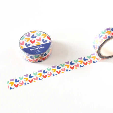 Decorative washi tape featuring a repeating pattern of hand-drawn colorful hearts in a playful, modern style. Perfect for planners, journals, gift wrapping, scrapbooking, and creative projects. Easy to tear, repositionable, and residue-free.

🌈 Key Features:

Dimensions: 15mm wide x 10 meters (32.8 feet) in length&nbsp;
Contains: 1 washi tape roll

High-quality washi tape material
Easy to tear and reposition
Perfect for scrapbooking, journaling, and crafts
