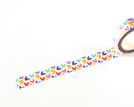 Decorative washi tape featuring a repeating pattern of hand-drawn colorful hearts in a playful, modern style. Perfect for planners, journals, gift wrapping, scrapbooking, and creative projects. Easy to tear, repositionable, and residue-free.

🌈 Key Features:

Dimensions: 15mm wide x 10 meters (32.8 feet) in length&nbsp;
Contains: 1 washi tape roll

High-quality washi tape material
Easy to tear and reposition
Perfect for scrapbooking, journaling, and crafts