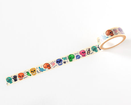 Decorative washi tape featuring playful, colorful skull illustrations with quirky doodle details. Perfect for planners, journals, gift wrapping, scrapbooking, and creative projects. Easy to tear, repositionable, and residue-free.

🌈 Key Features:

Dimensions: 15mm wide x 10 meters (32.8 feet) in length&nbsp;
Contains: 1 washi tape roll

High-quality washi tape material
Easy to tear and reposition
Perfect for scrapbooking, journaling, and crafts