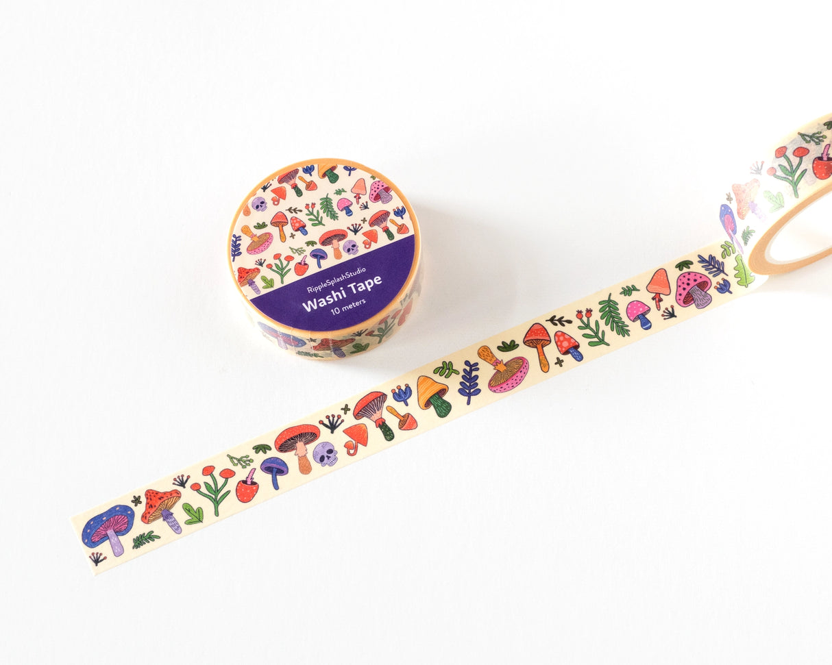 Decorative washi tape featuring colorful illustrated mushrooms, plants, and whimsical forest details. Perfect for planners, journals, gift wrapping, scrapbooking, and creative projects. Easy to tear, repositionable, and residue-free.

🌈 Key Features:

Dimensions: 15mm wide x 10 meters (32.8 feet) in length&nbsp;
Contains: 1 washi tape roll

High-quality washi tape material
Easy to tear and reposition
Perfect for scrapbooking, journaling, and crafts