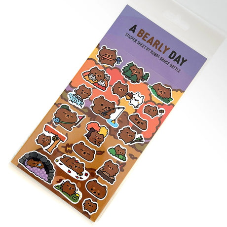 Robot Dance Battle Sticker Sheet - A Bearly Day Planner

This is part of a new series of sticker sheets that feature different "days".

There are 21 individual stickers on the sheet full of a bearly trying bear.

They are vinyl stickers on a clear plastic sheet with a backing card and packaging that's ready to display.

The sticker sheet is 3.75 x 5.8"