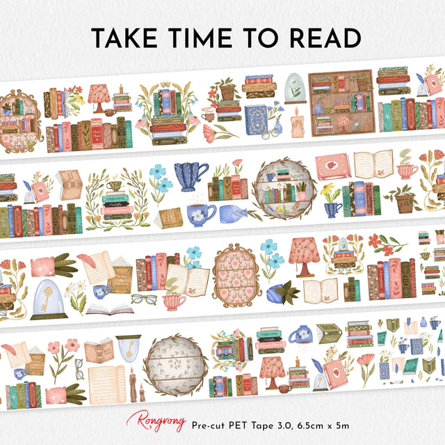 Slow down, get cozy, and lose yourself in a good book with Take Time To Read Pre-cut PET Tape 3.0 — a warm and nostalgic collection made for book lovers and journaling enthusiasts.

This tape features beautiful bookshelves, stacks of novels, cozy reading corners, teacups, lamps, plants, and charming literary details in rich vintage tones. Every piece is designed to create comforting, story-filled spreads that celebrate the joy of reading and quiet moments.

Because the designs are pre-cut, each piece works 