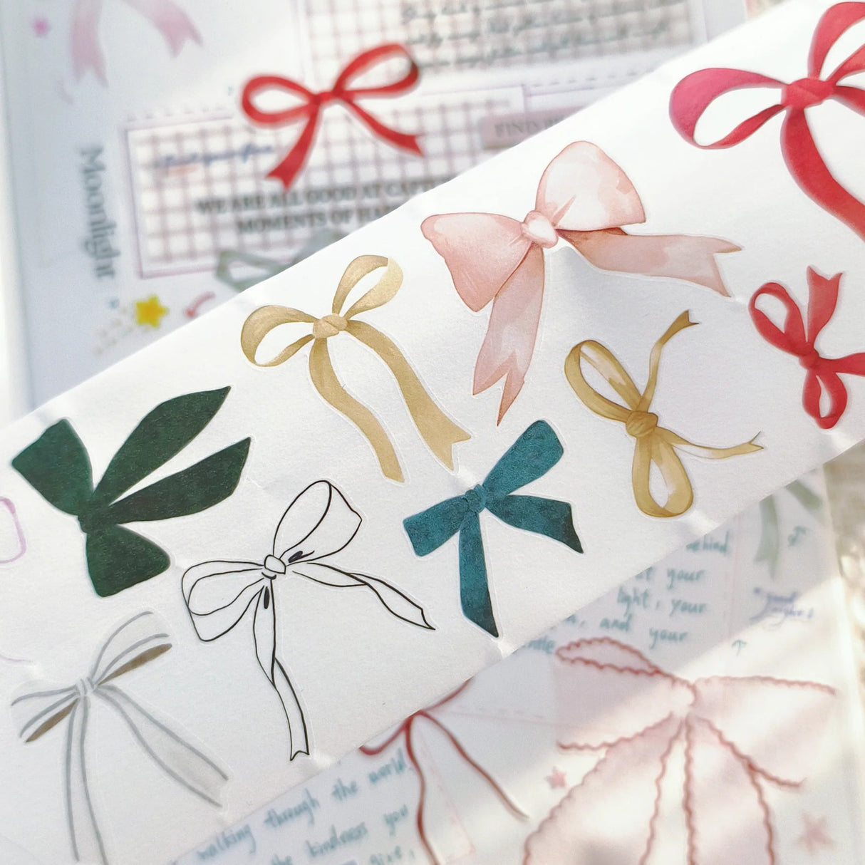 Every page deserves a bow.&nbsp;Bowtiful Days Pre-cut Japanese Washi Tape [3.0]&nbsp;is a charming collection filled with beautifully illustrated bows in every style — delicate ribbons, vintage lace bows, satin statement pieces, and soft pastel accents that instantly elevate your spreads.

Designed with high-quality Japanese washi paper, this tape offers a soft, lightweight texture that blends seamlessly into planners and journals. The&nbsp;pre-cut design&nbsp;makes decorating effortless — simply peel and p