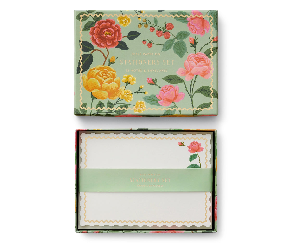 Stationery set with 12 note cards and envelopes. Three different designs for the notes.

Dimensions: 7 x 5 x 1.1 in (17.8 x 12.7 x 2.9 cm)