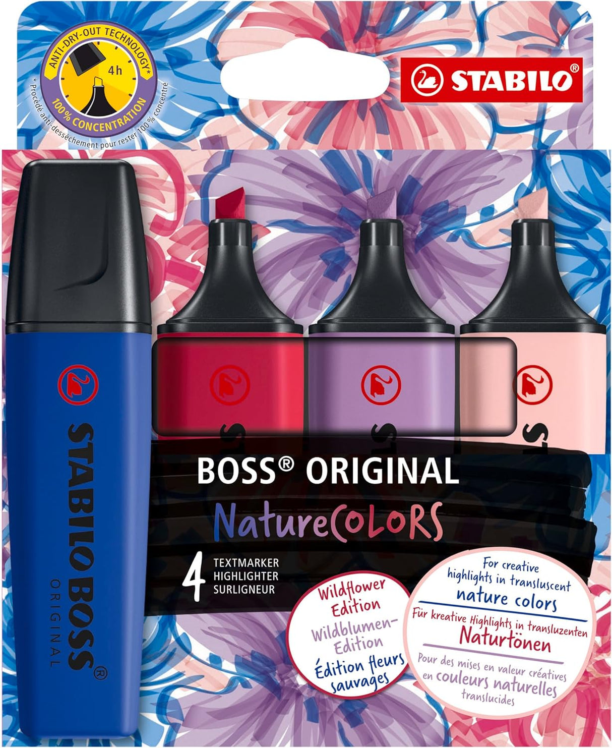 The STABILO BOSS ORIGINAL NatureCOLORS Wildflower highlighter impresses with modern colours and a subtle luminosity that makes any document or study material special. The four colours—ultramarine blue, burgundy red, gray-violet, and rouge—are ideal for anyone who wants to incorporate trendy colors from interior and fashion design into their stationery.&nbsp;

The iconic chisel tip delivers two line widths in a single marker: 2 mm for precise underlining and 5 mm for broad highlighting, making it equally cap