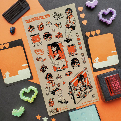 🕹️🧡 BI-BU-BI-BIT! Power up with @arts.of.win’s pixel-perfect dream squad, where retro vibes and arcade hearts collide. From handheld consoles and chunky headphones to rhythm-game screens and snack breaks mid-level, this crew is living life one extra life at a time. Whether you’re grinding for high scores or just vibing with your favorite chiptune, these stickers are a total game over (in the best way).

Art by: @arts.of.win

Top Coating: None
Adhesive Layer: PVC (plastic)
Backing Layer: Clear PET
6.69" x 